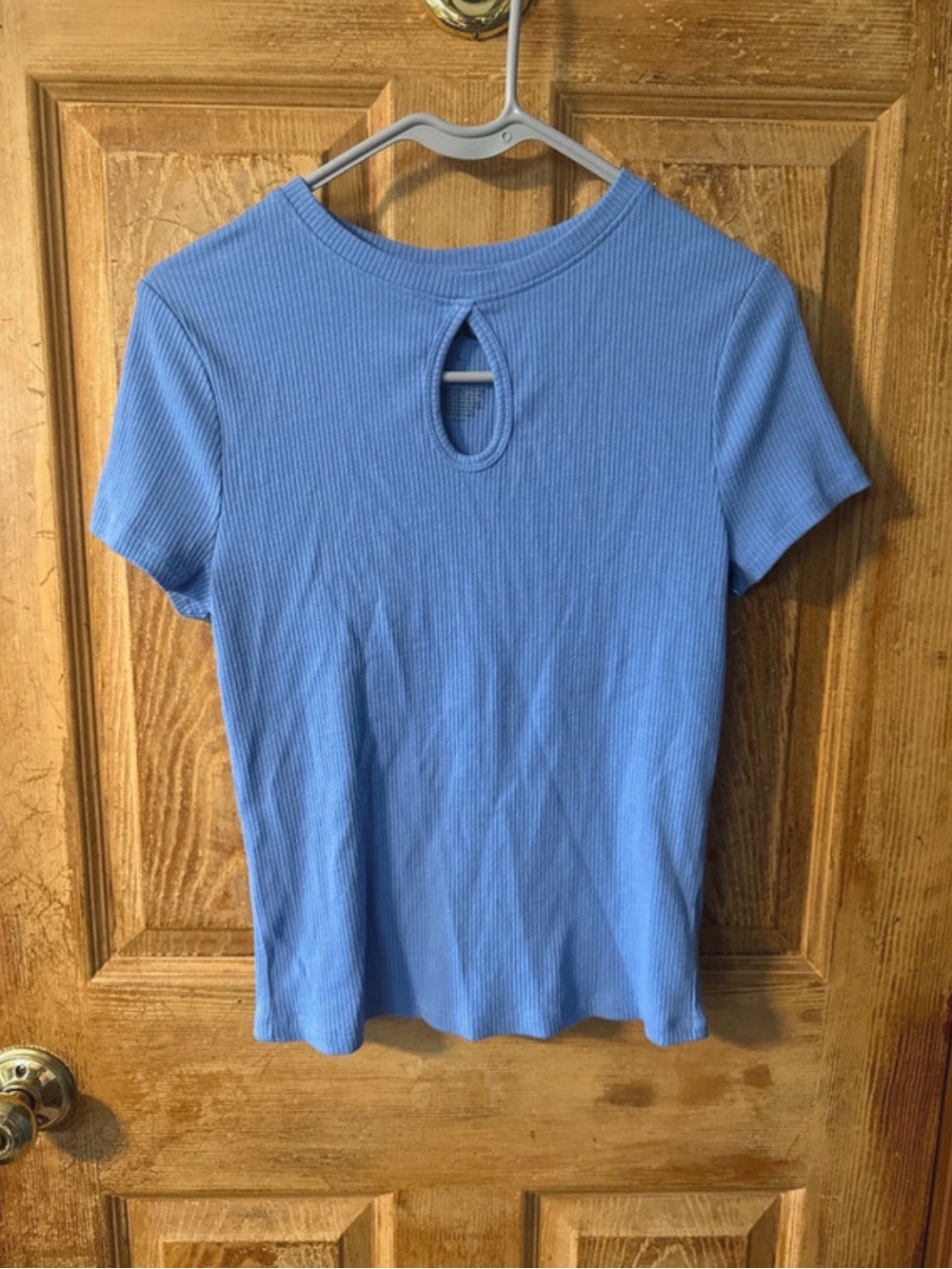 SO Blue Ribbed Short Sleeve Top with Keyhole Back